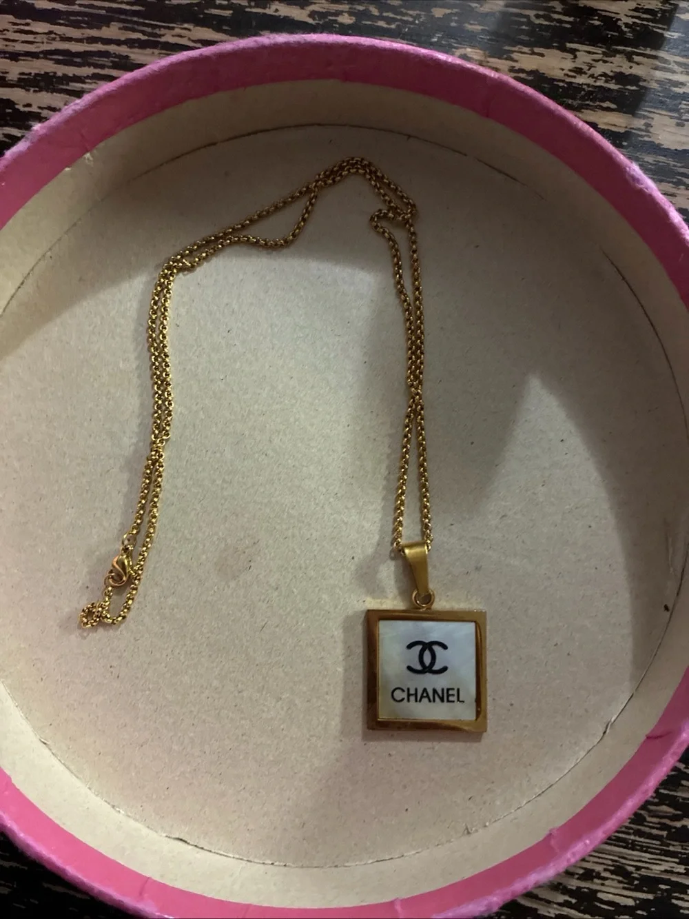 CHANEL Gold & White Square Logo Pendant Necklace vintage